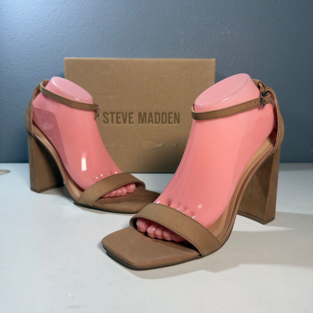 Steve Madden Tiaa Sandals Women 9.5 Camel New Block Heel Square Toe TIAA01S1 - Picture 1 of 12